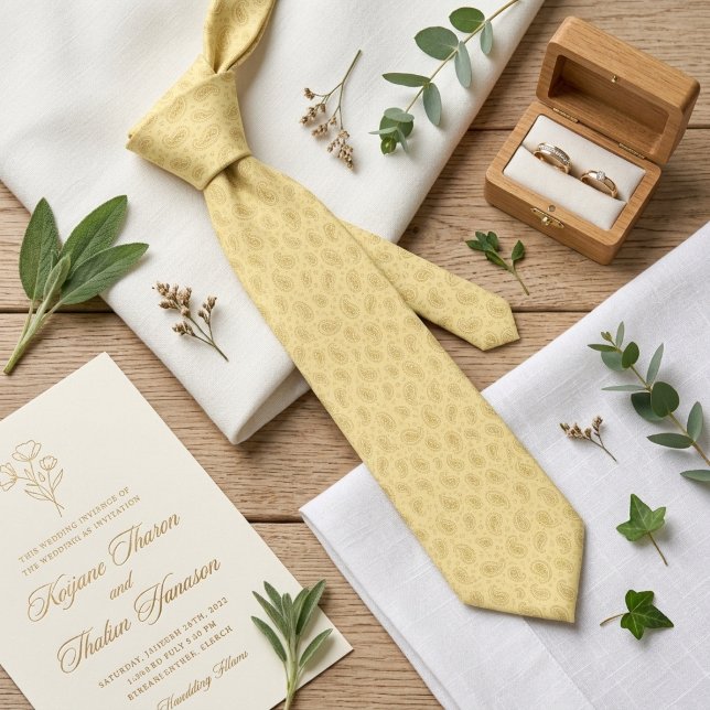 Cravate Crème de beurre Micro Paisley Mariage Champagne  (Créateur téléchargé)