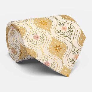 Cravate Crème doré floral rétro milieu de siècle
