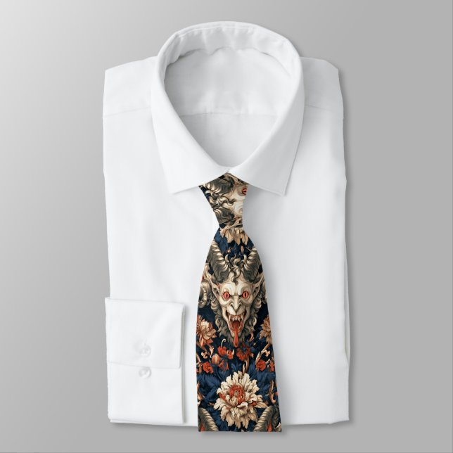 Cravate Crème gothique et démon cornu baroque marine (Attaché)