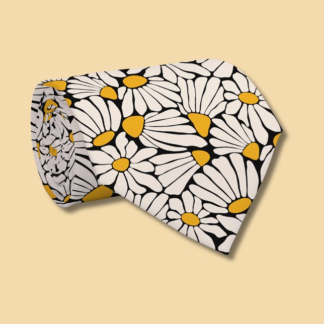 Cravate Crème jaune moutarde floral rétro noir (Retro floral daisy dream tie)