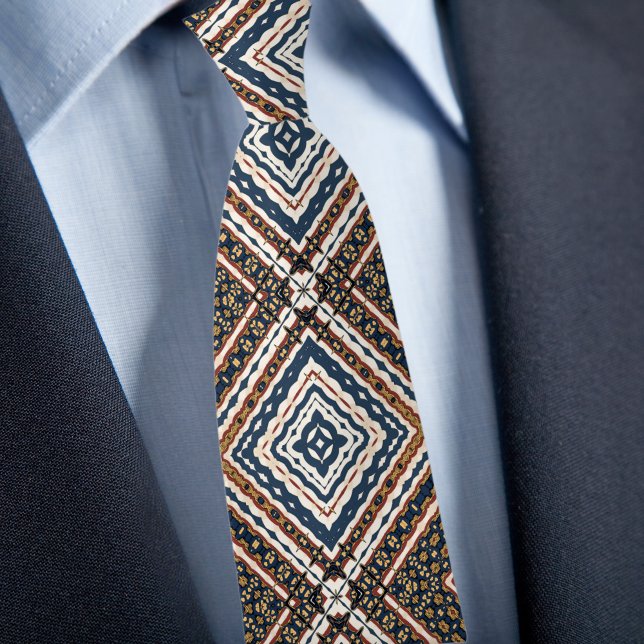 Cravate Crème Or Bleu Rouille Motif Diamant (Créateur téléchargé)