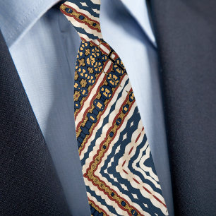 Cravate Crème Or Bleu Rouille Motif Géométrique Zig Zag