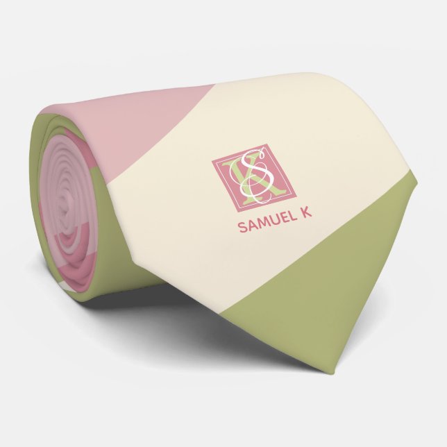 Cravate Crème Rose Vert Couleur Palette Bandes Monogramme (Roulé)