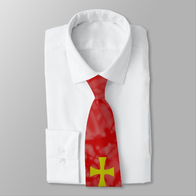 Cravate Croix byzantine en or faux sur fond rouge (Attaché)