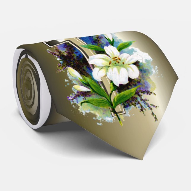 Cravate Croix de Pâques d'or et fleurs de lys blancs (Roulé)