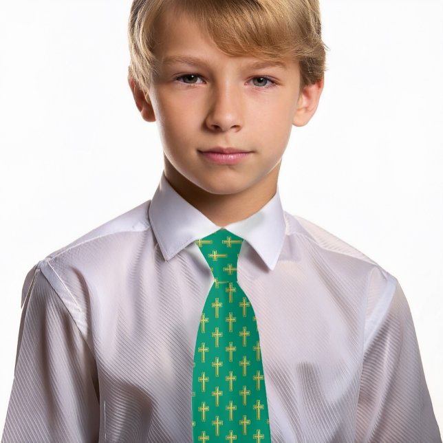 Cravate Croix Religieuse Émeraude Vert Or Faux Communion  (Créateur téléchargé)