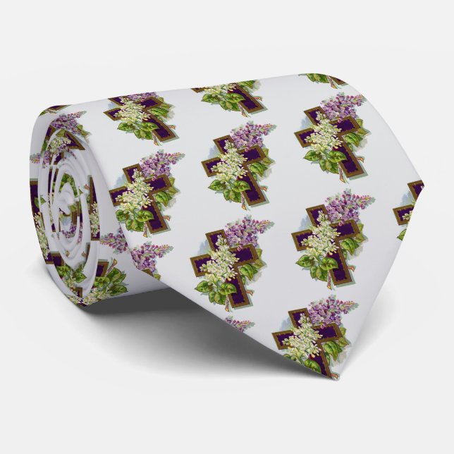 Cravate Croix Violette Et Fleurs (Roulé)