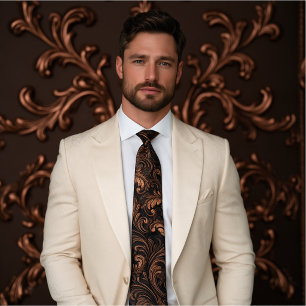 Cravate Cuir Cognac Embossé Filigrane Baroque