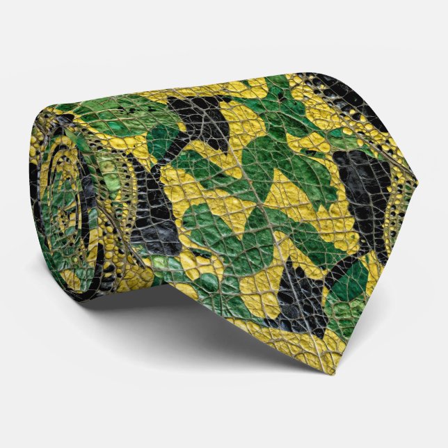 Cravate Cuir de dragon Crocodile Alligator Vert Jaune (Roulé)