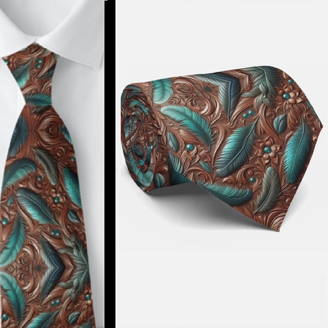 Cravate Cuir Faux Brun Occidental Outilé avec Plumes (Créateur téléchargé)