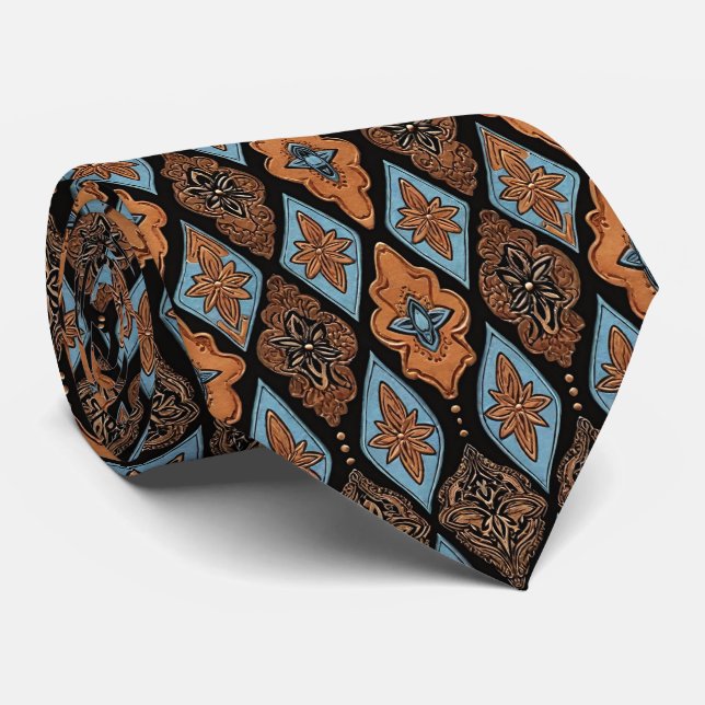 Cravate Cuir tanné et turquoise faux tooled occidental (Roulé)