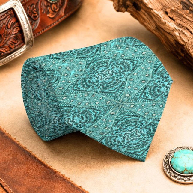 Cravate cuir travaillé sarcelle turquoise pays occidental (teal turquoise western country Tooled Leather Neck Tie)