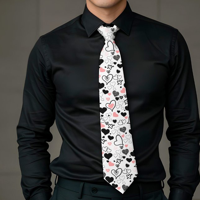 Cravate Custom Love Tie Pink Black Heart Sketch (Custom Love Tie Pink Black Heart Sketch)
