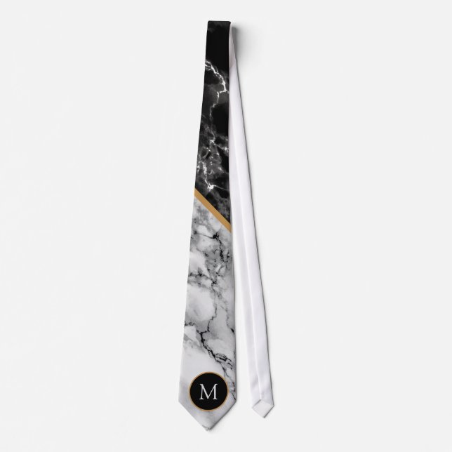 Cravate Custom Your Letter Neck Tie Black White Marble (Devant)