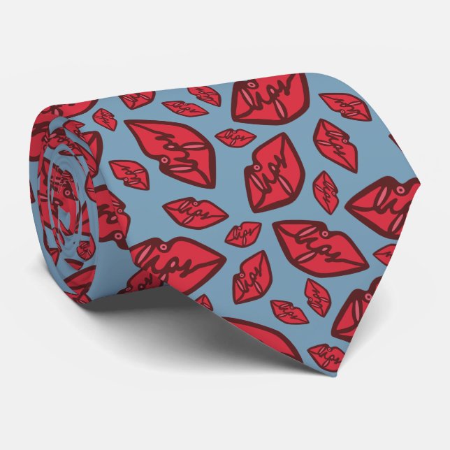 Cravate Cute amusant lèvres Motif Bleu (Roulé)