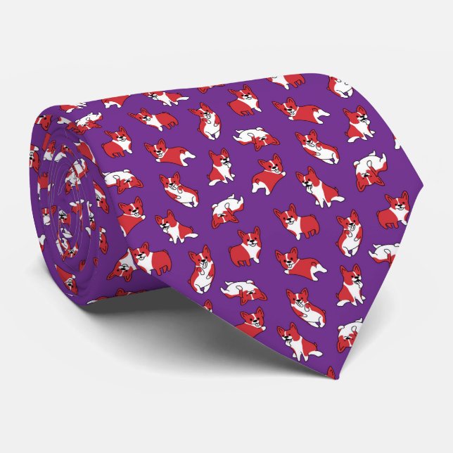 Cravate cute cartoon pet dog corgis pattern purple (Roulé)