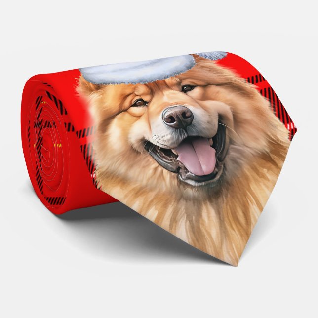 Cravate Cute Chow Chow Chien Rouge Plaid Noël (Roulé)