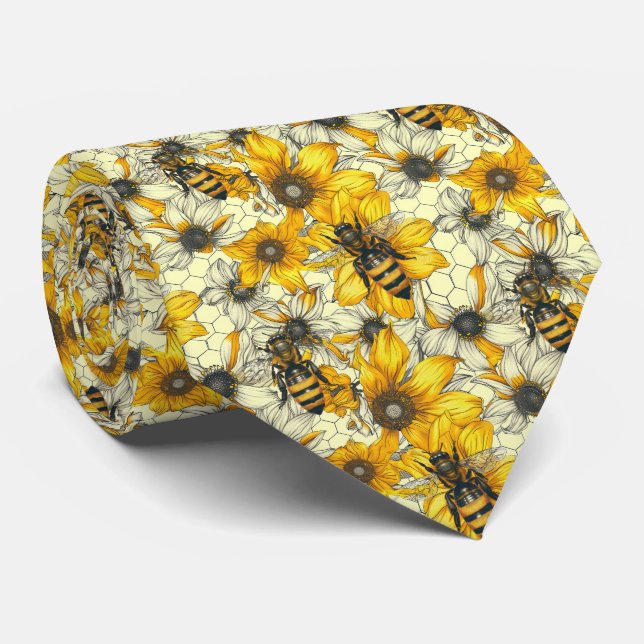 Cravate Cute floral bee tiled pattern (Roulé)