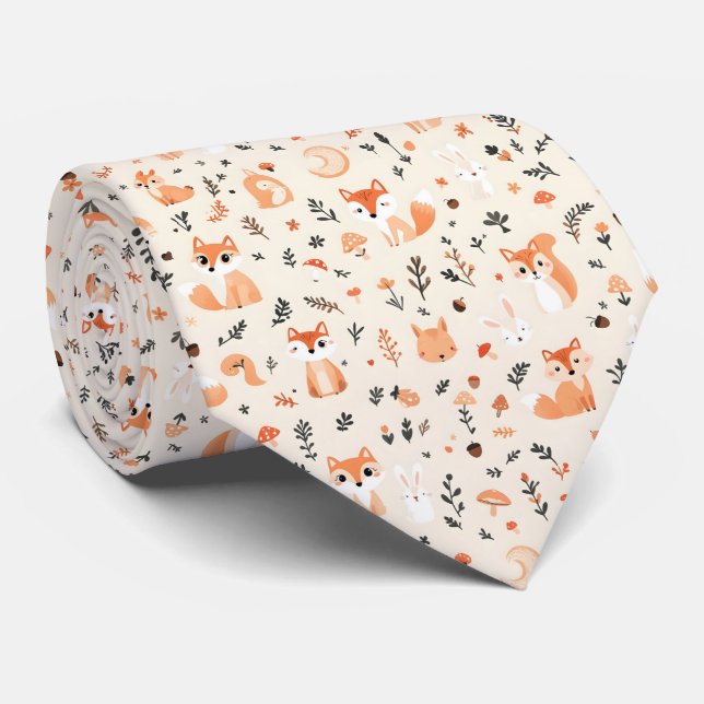 Cravate Cute Fox Woodland et Bunny Motif sur Blanc (Roulé)