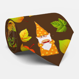 Cravate Cute Gnome & Belles Feuilles d'Automne sur Fond Br