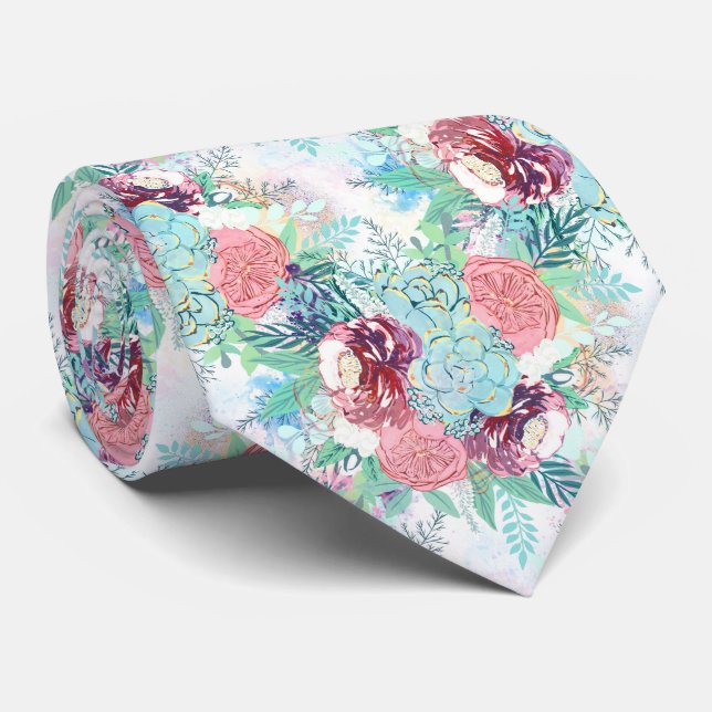 Cravate Cute Pink Mint Peony & Succulent Floral Hand Paint (Roulé)