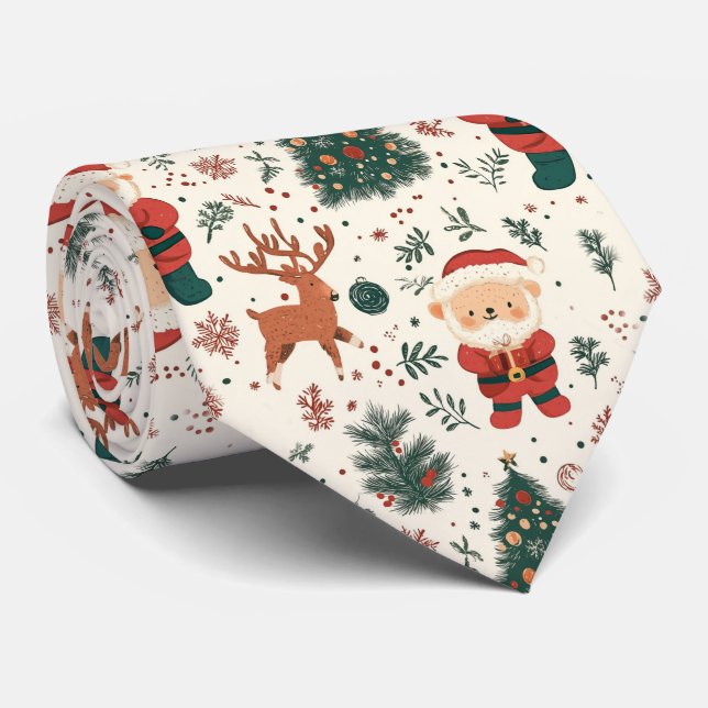 Cravate Cute Teddy Bear & Père Noël sur fond blanc (4) (Roulé)