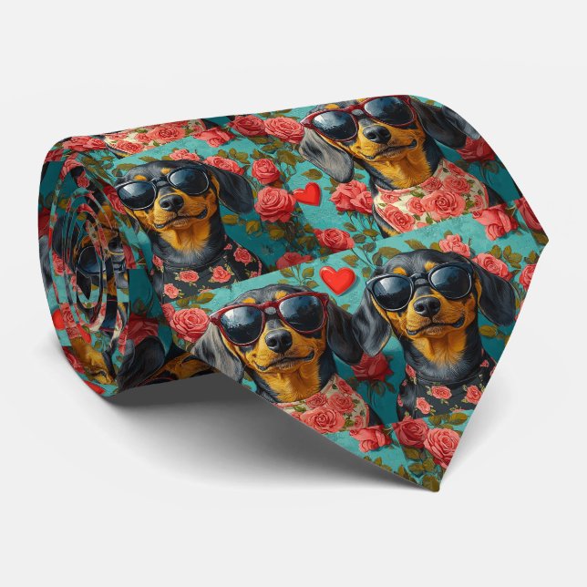 Cravate Dachshund aux roses du cœur Saint-Valentin (Roulé)