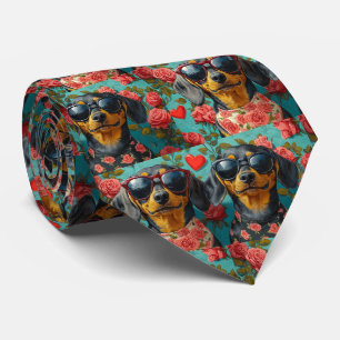 Cravate Dachshund avec coeur Roses Saint-Valentin