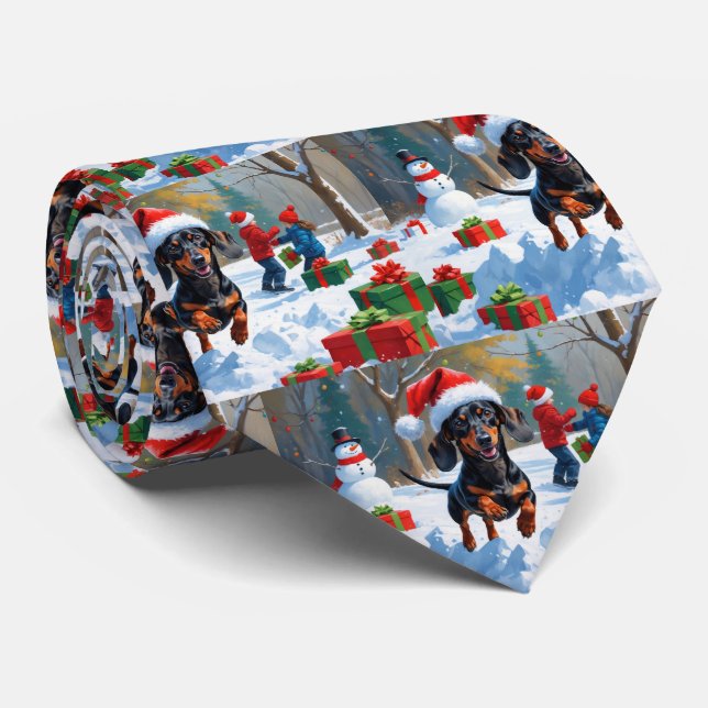 Cravate Dachshund Courir en neige avec Casquette de Noël (Roulé)