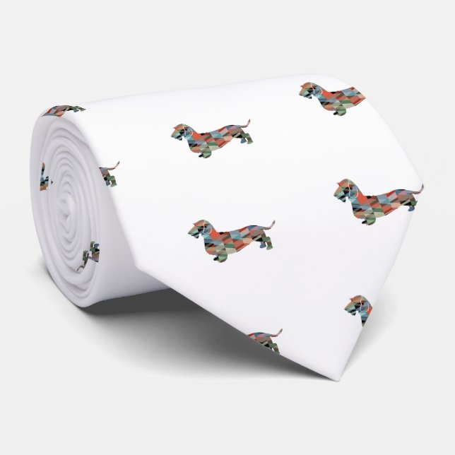 Cravate Dachshund Revêtu Géo Silhouette Plaid (Roulé)