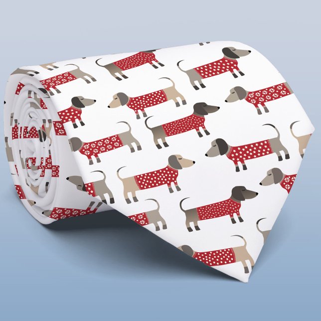 Cravate Dachshund Saucisse Wiener Chien vacances (Festive Dachshund Sausage Wiener Dogs in red and white knitwear on a tie )