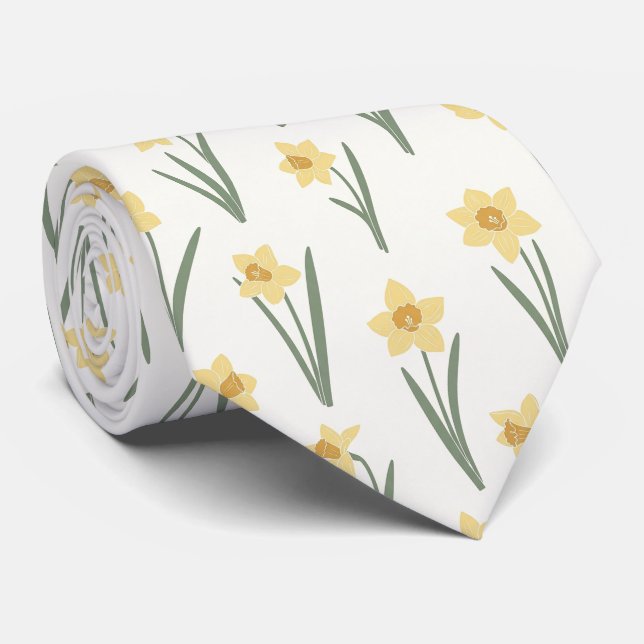 Cravate Daffodil Print Floral de printemps en jaune clair  (Roulé)