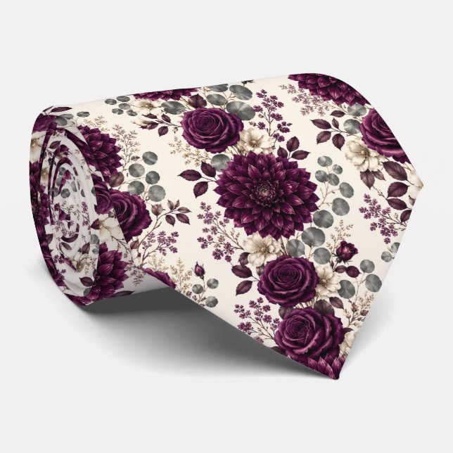 Cravate Dahlia de luxe prune et fleurs de rose (Roulé)