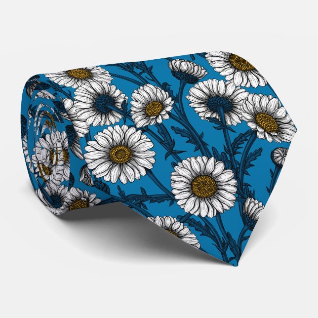 Cravate Daisies on blue neck tie (Roulé)