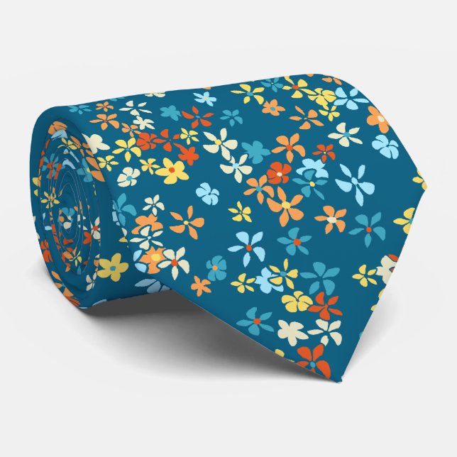 Cravate Daisy Dot Floral Turquoise à deux côtés imprimé (Roulé)