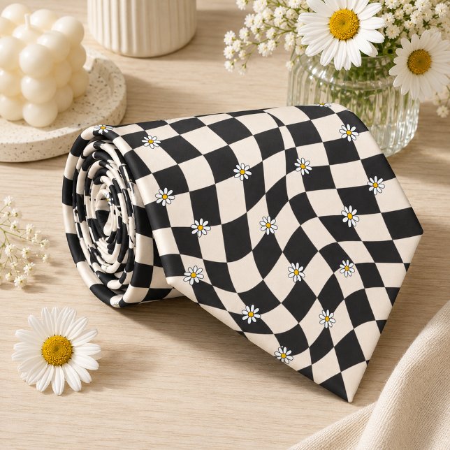 Cravate Daisy Groovy Rétro Damier, Y2K 90s (Créateur téléchargé)