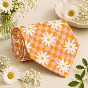 Cravate Daisy Groovy Rétro Damier, Y2K 90s 