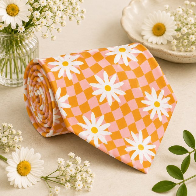Cravate Daisy Groovy Rétro Damier, Y2K 90s  (Créateur téléchargé)