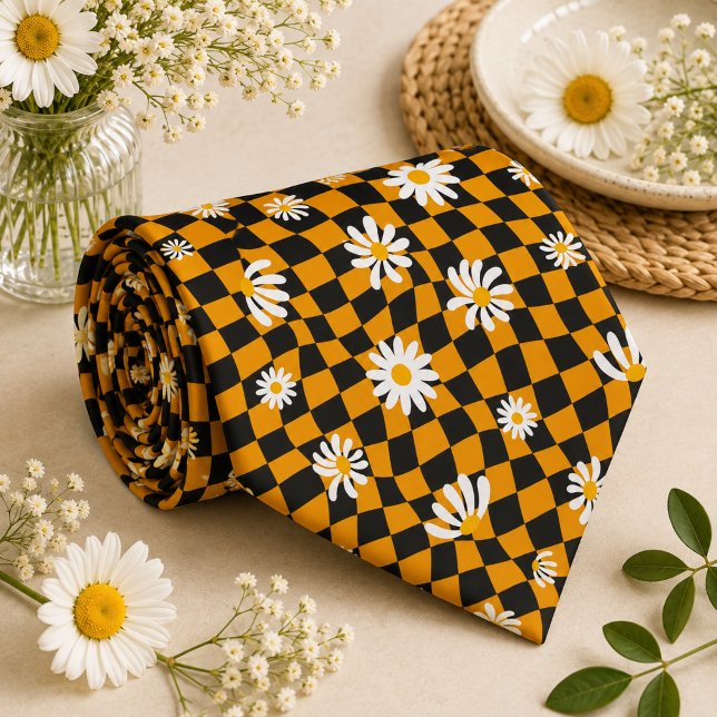 Cravate Daisy Groovy Rétro Damier, Y2K 90s  (Créateur téléchargé)