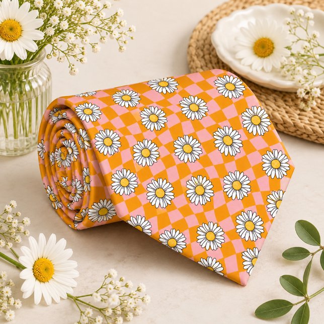 Cravate Daisy Groovy Rétro Damier, Y2K 90s  (Créateur téléchargé)