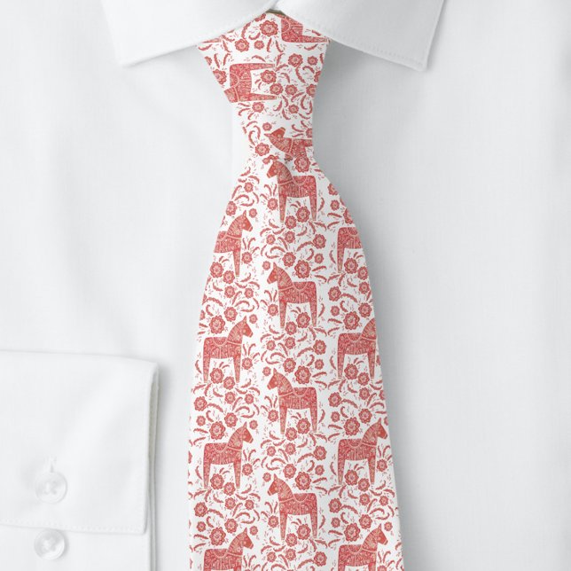 Cravate Dala suédois Cheval Rouge et Blanc Art populaire (Swedish Dala Horse red and white folk art pattern tie)