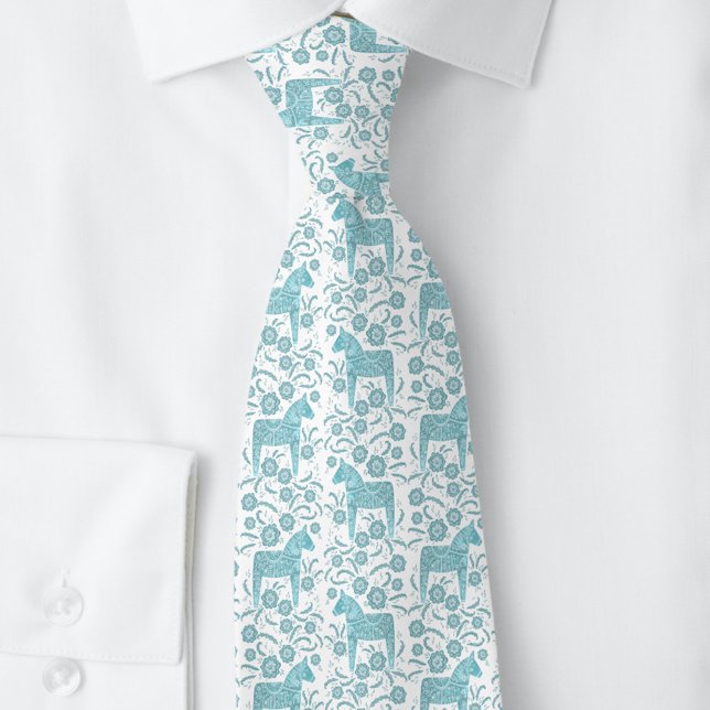 Cravate Dala suédois Cheval Turquoise Vert et Blanc Art po (Swedish Dala Horse folk art teal green neck tie)
