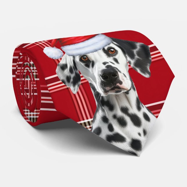 Cravate Dalmatian Santa Dog Red Holiday Plaid Christmas (Roulé)