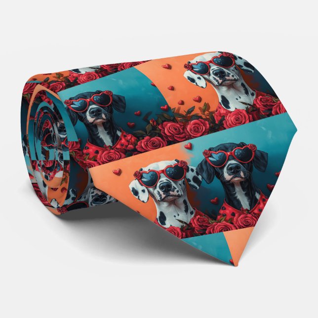 Cravate Dalmatien aux roses du cœur pour la Saint-Valentin (Roulé)