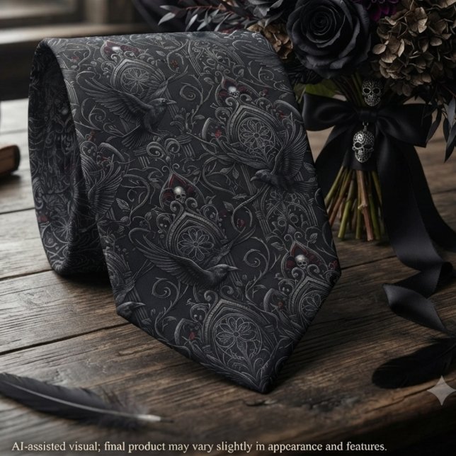 Cravate Damas de raven victorien gothique (Gothic raven damask necktie for an alternative groom at a dark romantic wedding.)