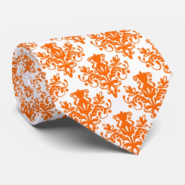 Cravate Damask 02 Motif - Orange sur blanc (Roulé)