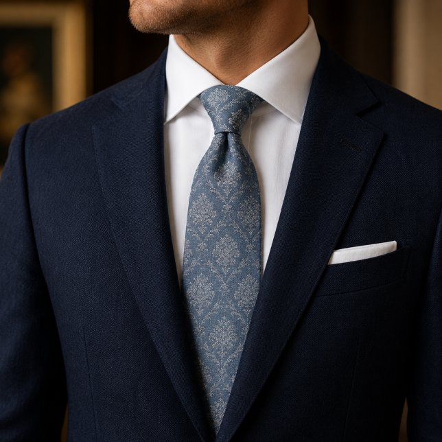 Cravate Damassé floral bleu poussiéreux (Créateur téléchargé)