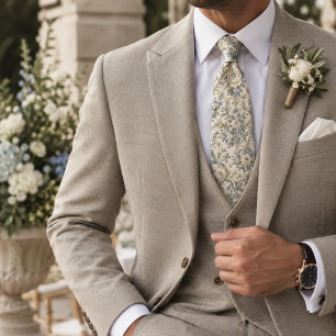 Cravate Damassé floral ivoire bleu poussiéreux sage