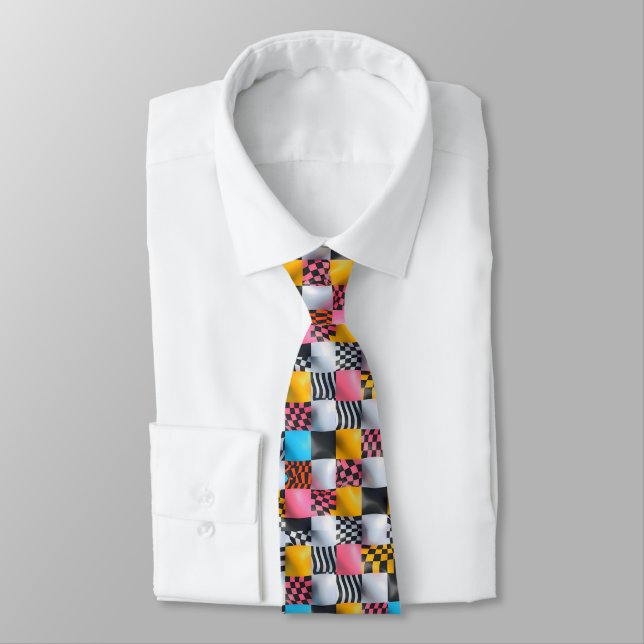 Cravate Damier 3D vibrant – Pop rétro ludique (Attaché)