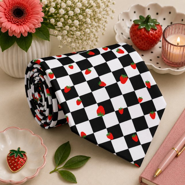 Cravate Damier Rétro Groovy Fraise, Y2K 90s  (Créateur téléchargé)